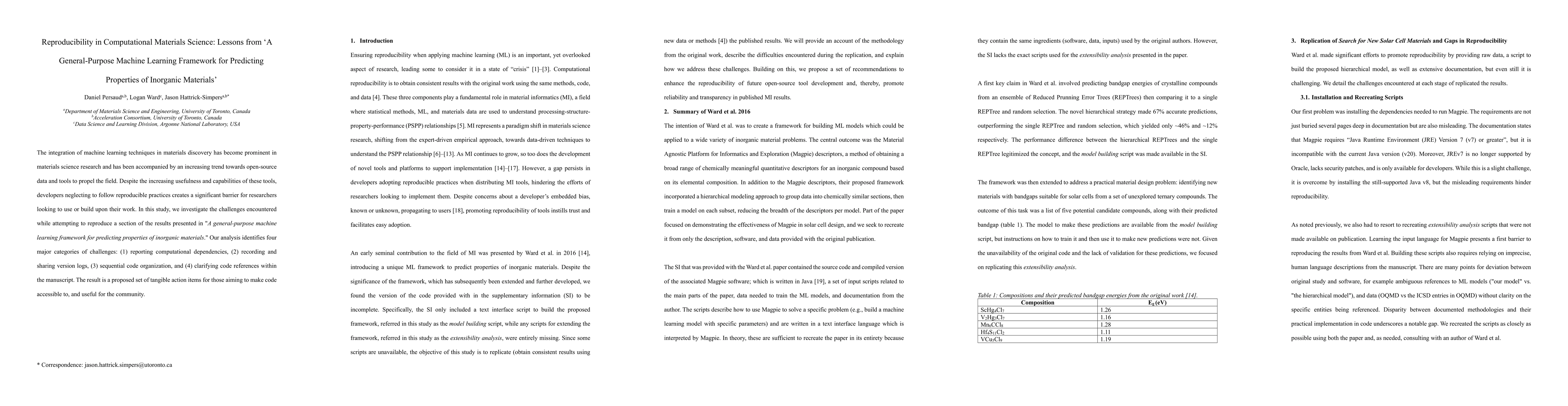 Thumbnail for Reproducibility in Computational Materials Science: Lessons from 'A
  General-Purpose Machine Learning Framework for Predicting Properties of
  Inorganic Materials'