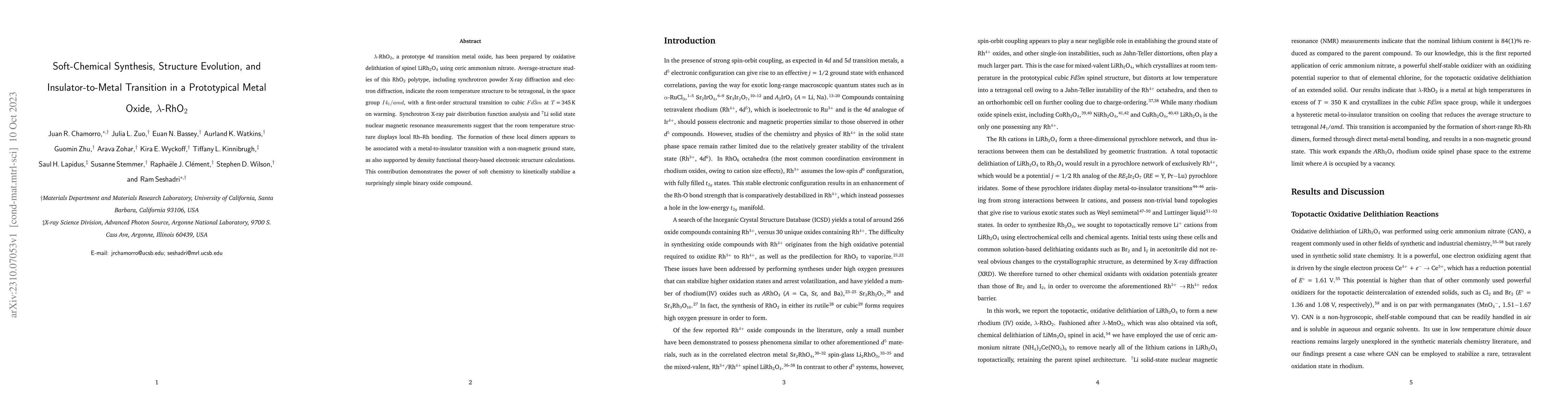 Thumbnail for Soft-Chemical Synthesis, Structure Evolution, and Insulator-to-Metal
  Transition in a Prototypical Metal Oxide, {\lambda}-RhO$_2$