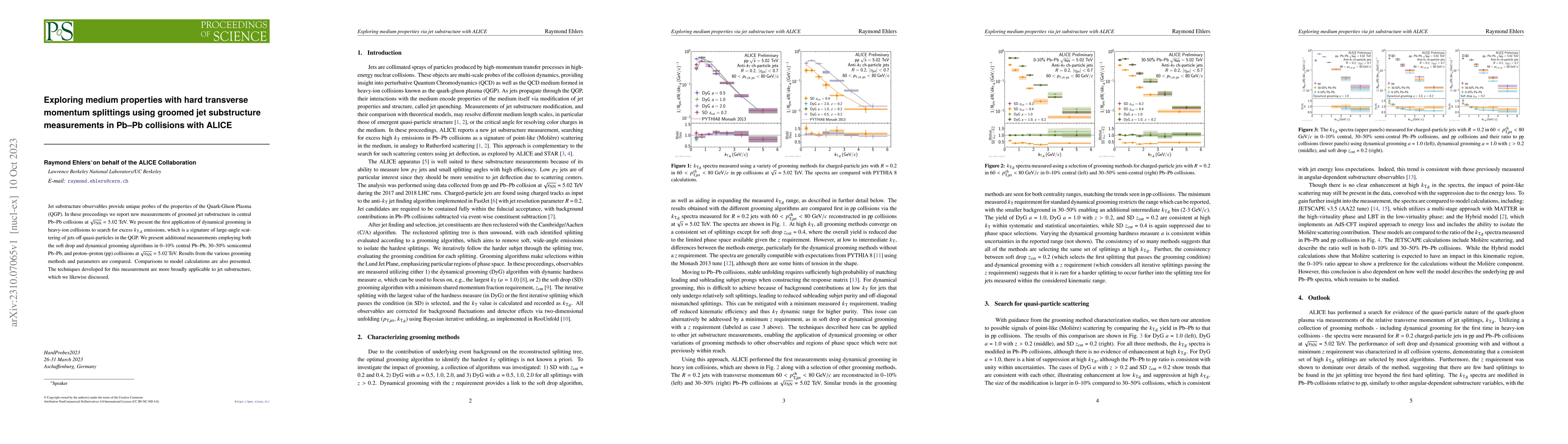 Thumbnail for Exploring medium properties with hard transverse momentum splittings
  using groomed jet substructure measurements in Pb--Pb collisions with ALICE