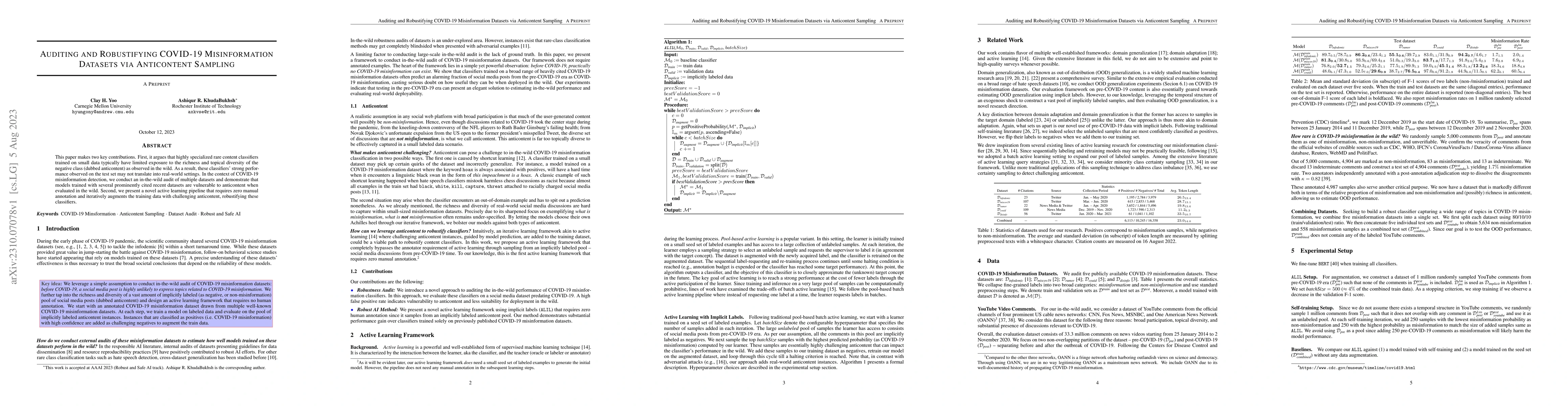 Thumbnail for Auditing and Robustifying COVID-19 Misinformation Datasets via
  Anticontent Sampling