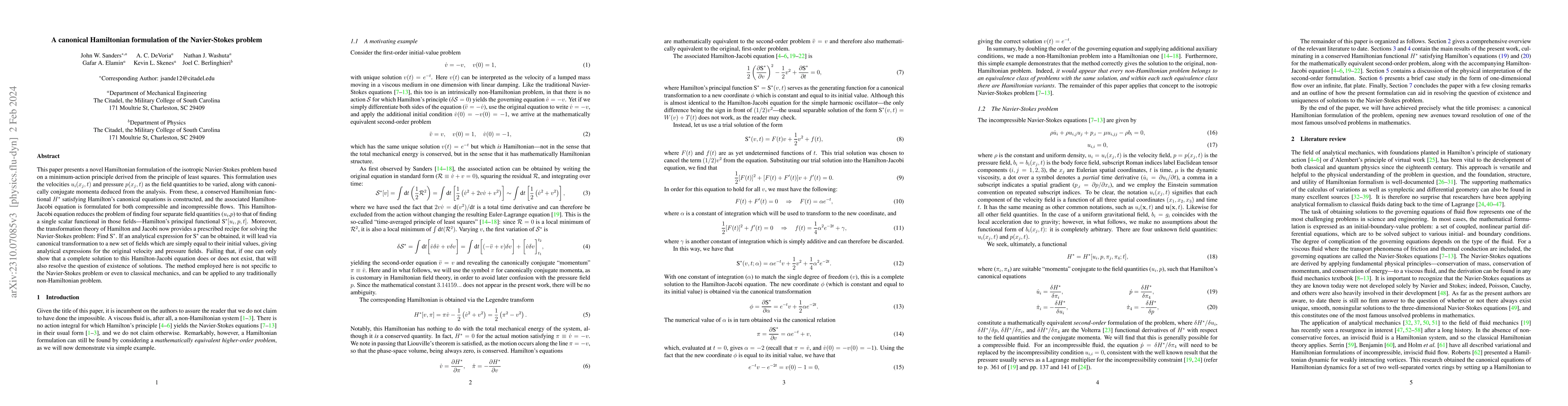 Thumbnail for A canonical Hamiltonian formulation of the Navier-Stokes problem