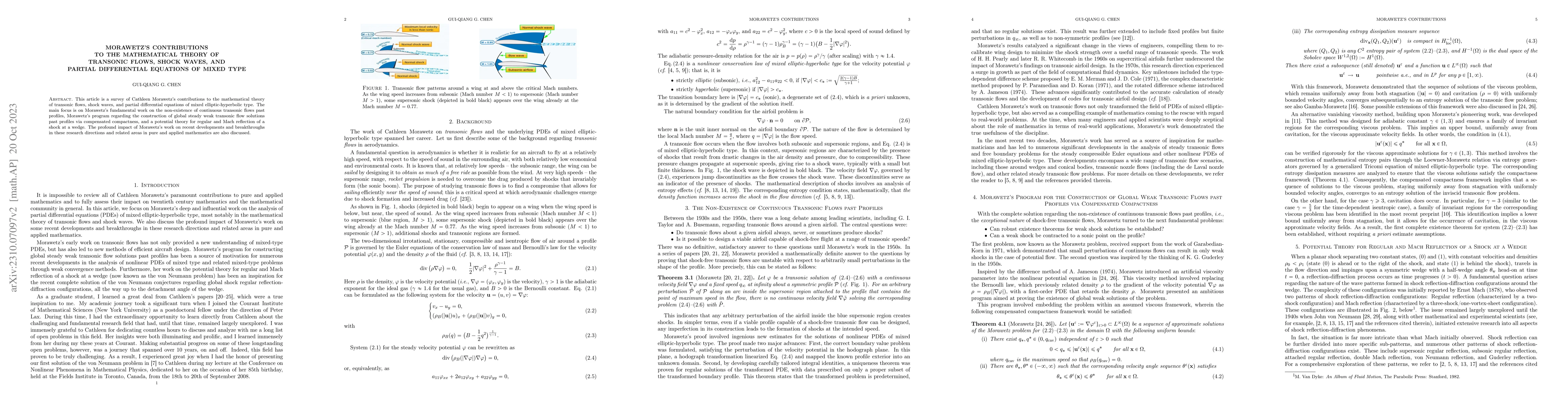 Thumbnail for Morawetz's Contributions to the Mathematical Theory of Transonic Flows,
  Shock Waves, and Partial Differential Equations of Mixed Type
