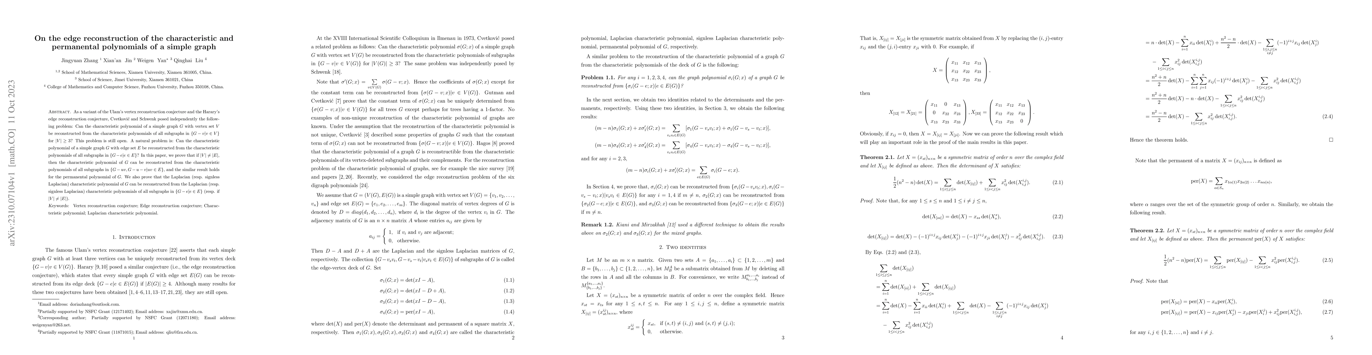 Thumbnail for On the edge reconstruction of the characteristic and permanental
  polynomials of a simple graph