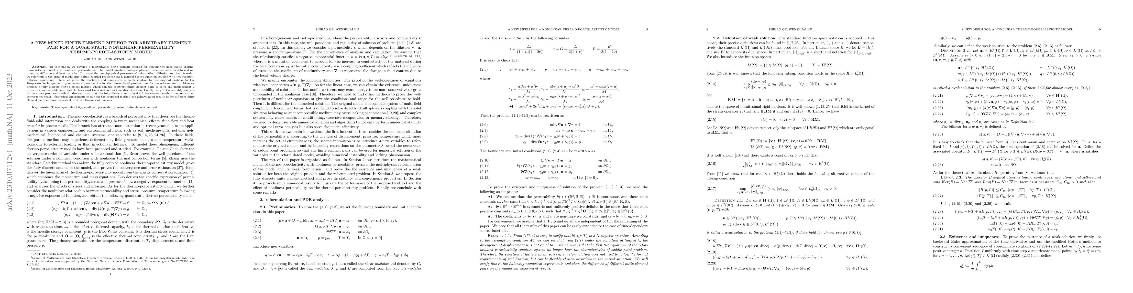 Thumbnail for A new mixed finite element method for arbitrary element pair for a
  quasi-static nonlinear permeability thermo-poroelasticity model