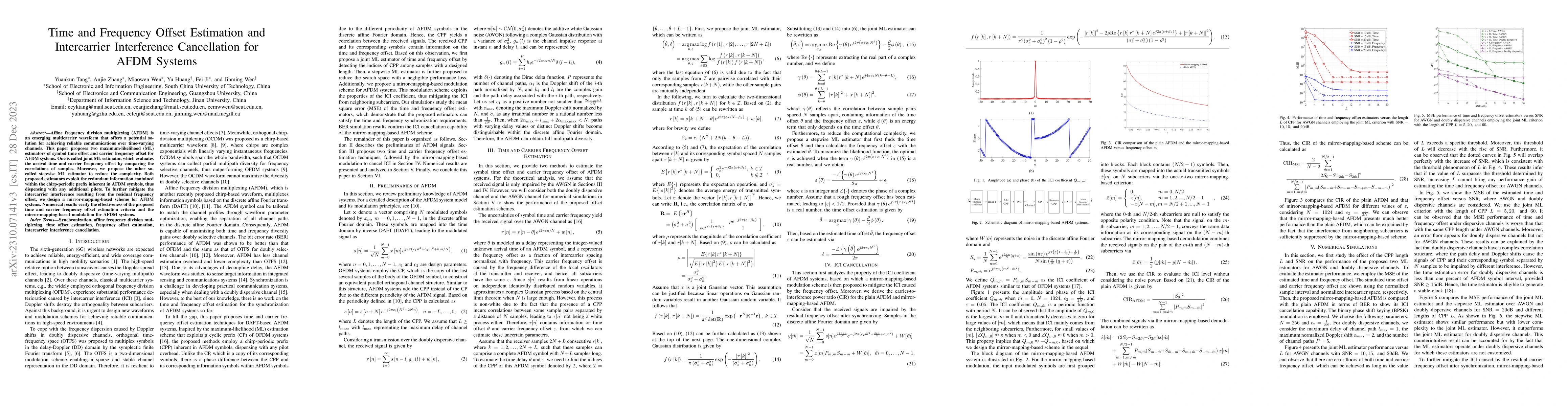 Thumbnail for Time and Frequency Offset Estimation and Intercarrier Interference
  Cancellation for AFDM Systems