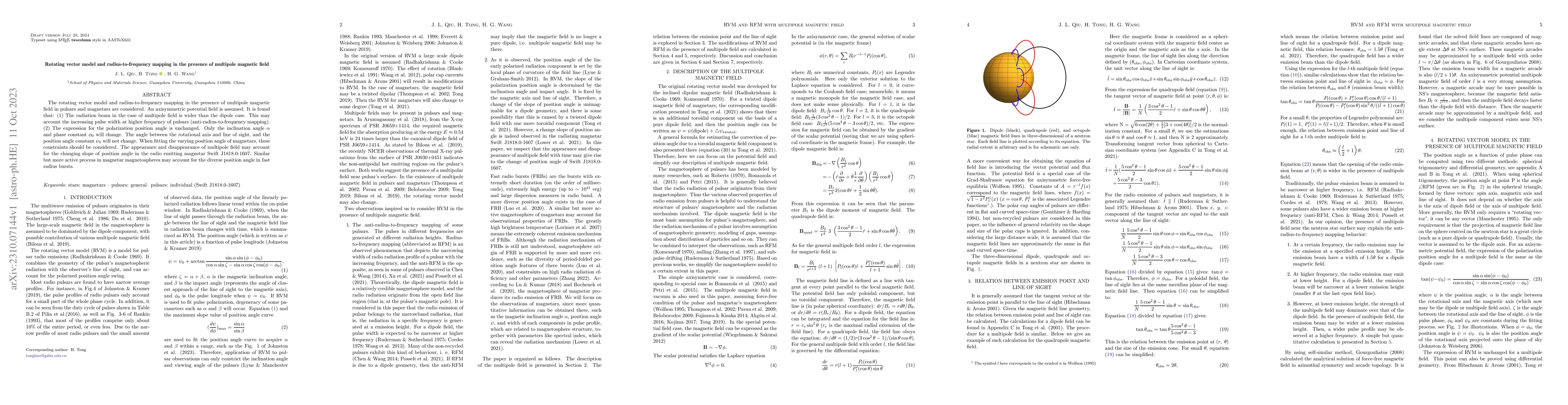 Thumbnail for Rotating vector model and radius-to-frequency mapping in the presence of
  multipole magnetic field