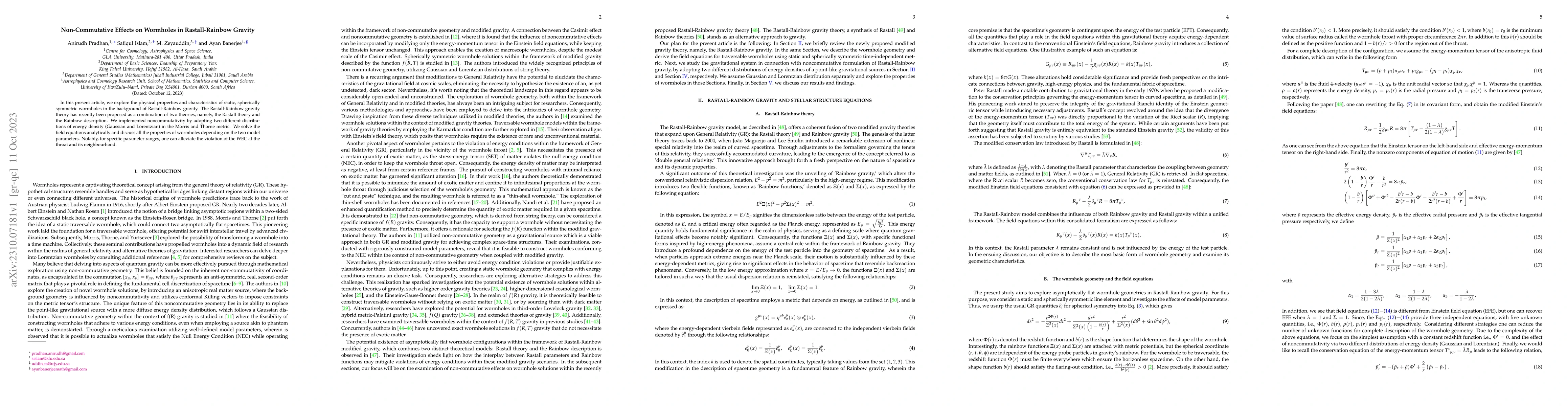 Thumbnail for Non-Commutative Effects on Wormholes in Rastall-Rainbow Gravity