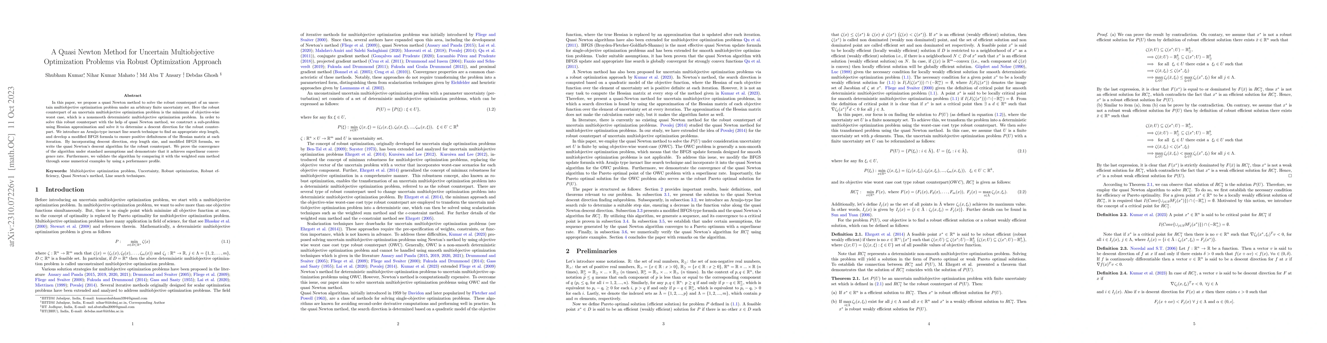 Thumbnail for A Quasi Newton Method for Uncertain Multiobjective Optimization Problems
  via Robust Optimization Approach