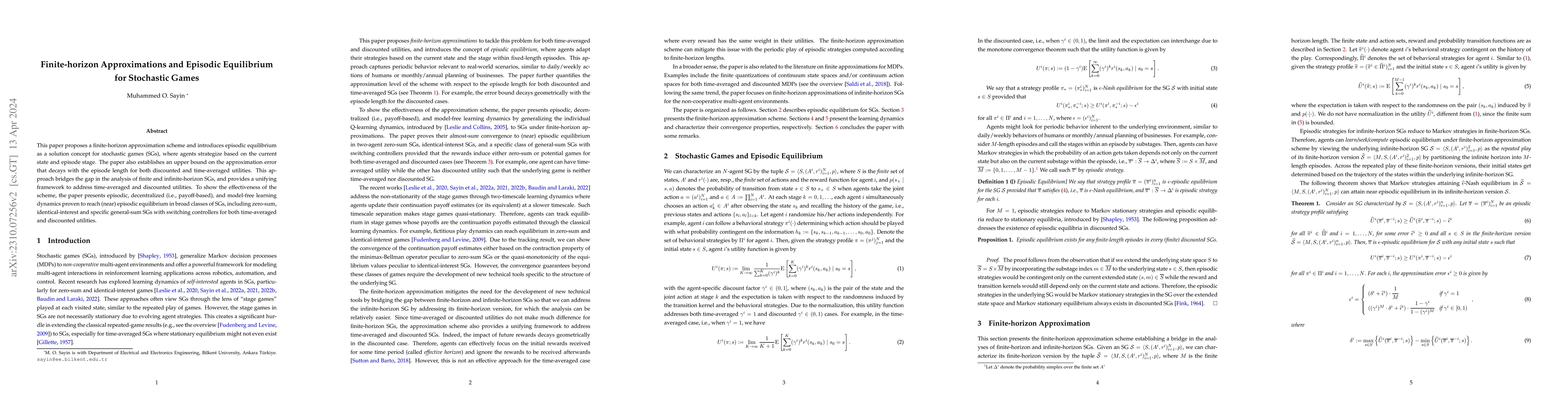 Thumbnail for Finite-horizon Approximations and Episodic Equilibrium for Stochastic
  Games