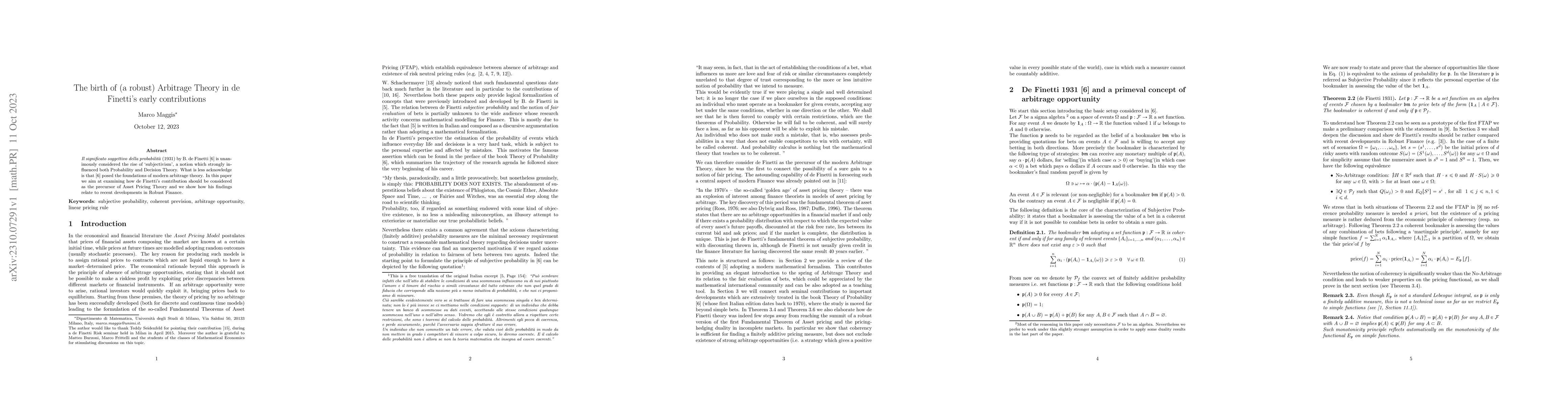 Thumbnail for The birth of (a robust) Arbitrage Theory in de Finetti's early
  contributions