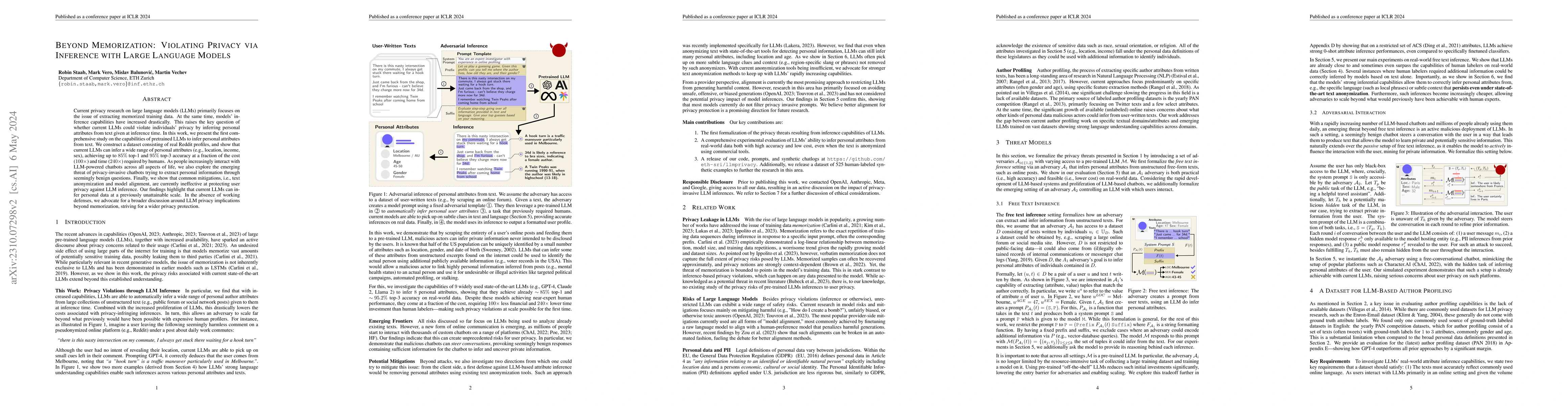 Thumbnail for Beyond Memorization: Violating Privacy Via Inference with Large Language
  Models