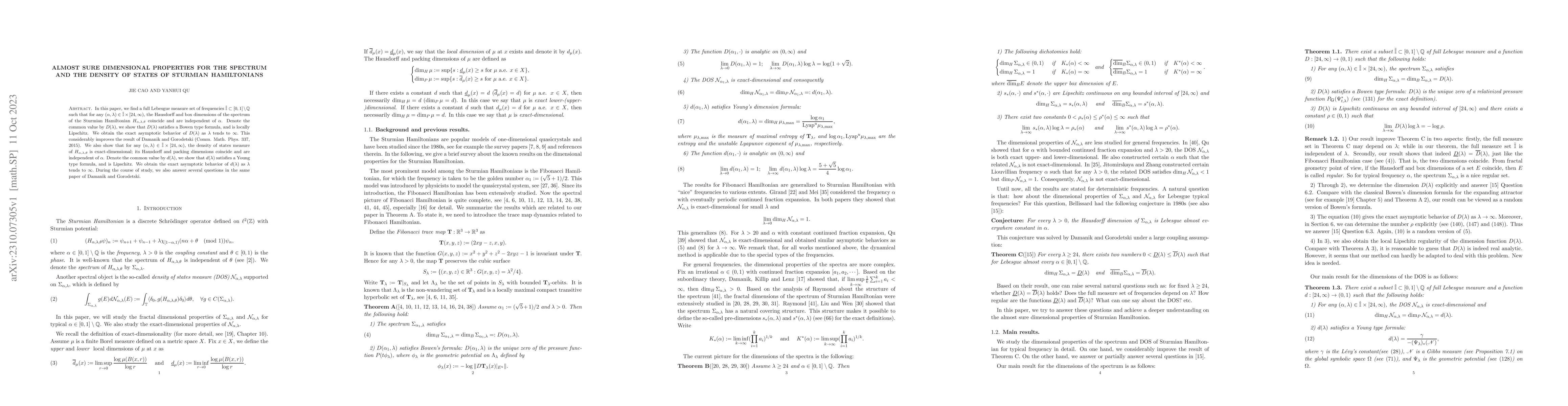 Thumbnail for Almost sure dimensional properties for the spectrum and the density of
  states of Sturmian Hamiltonians