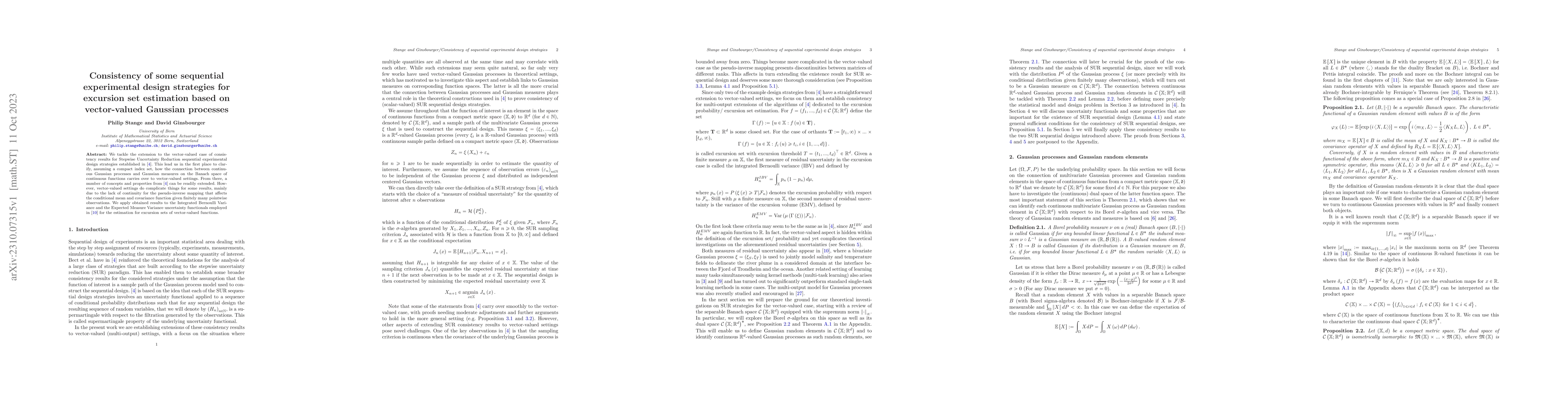 Thumbnail for Consistency of some sequential experimental design strategies for
  excursion set estimation based on vector-valued Gaussian processes