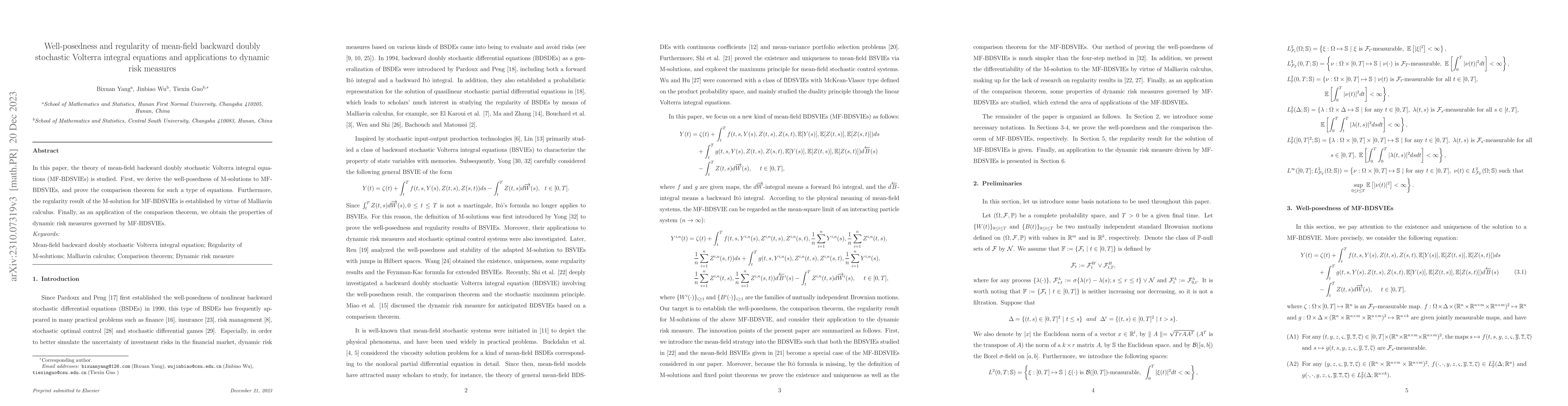 Thumbnail for Well-posedness and regularity of mean-field backward doubly stochastic
  Volterra integral equations and applications to dynamic risk measures