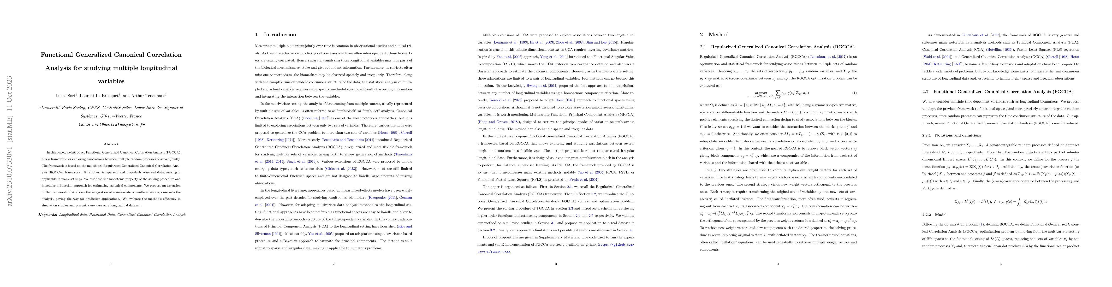 Thumbnail for Functional Generalized Canonical Correlation Analysis for studying
  multiple longitudinal variables