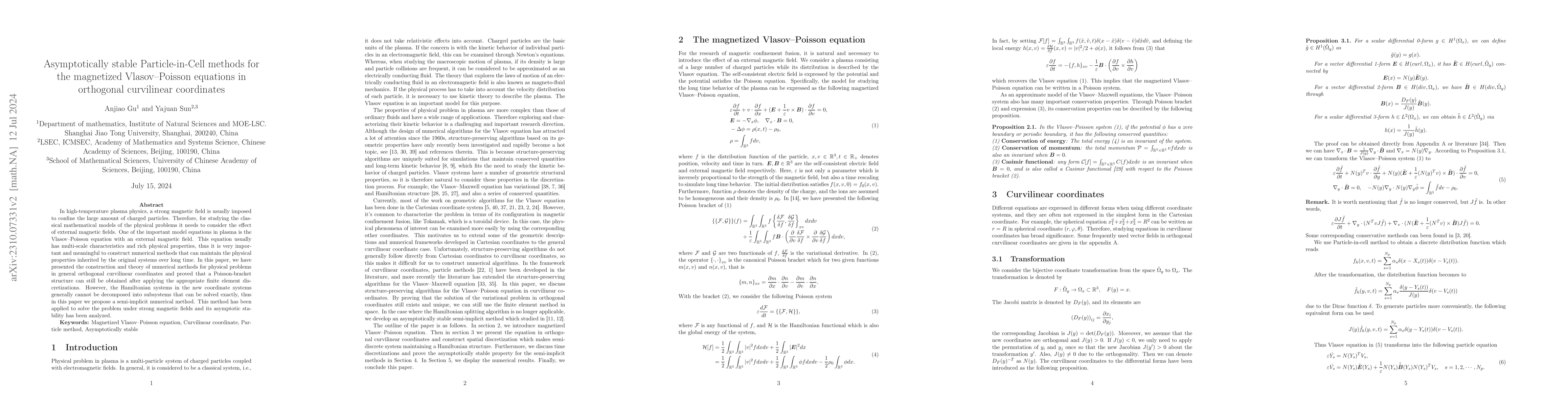 Thumbnail for Asymptotically stable Particle-in-Cell methods for the magnetized
  Vlasov--Poisson equations in orthogonal curvilinear coordinates