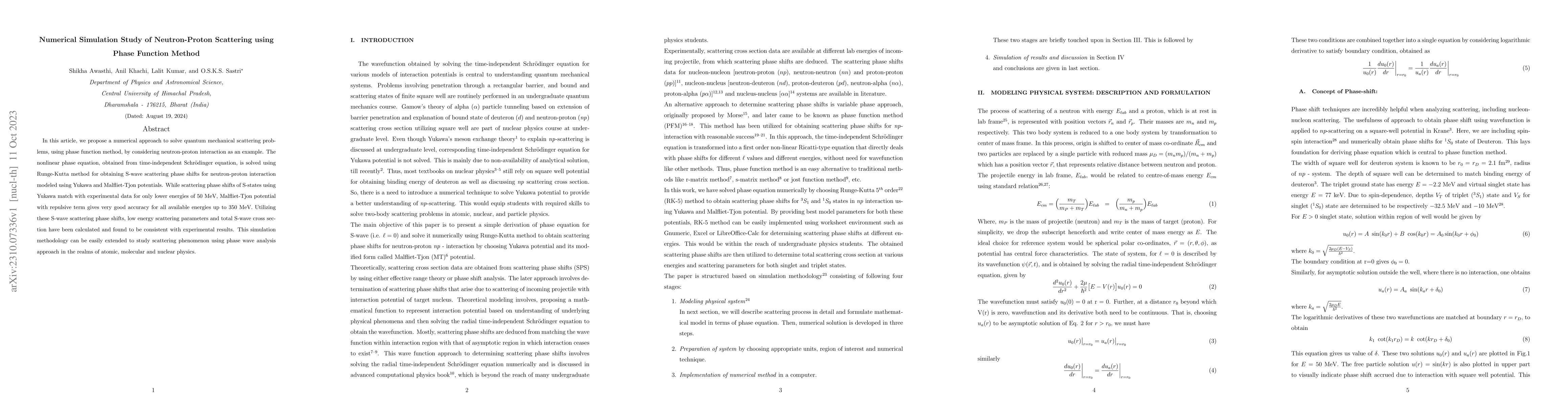 Thumbnail for Numerical Simulation Study of Neutron-Proton Scattering using Phase
  Function Method