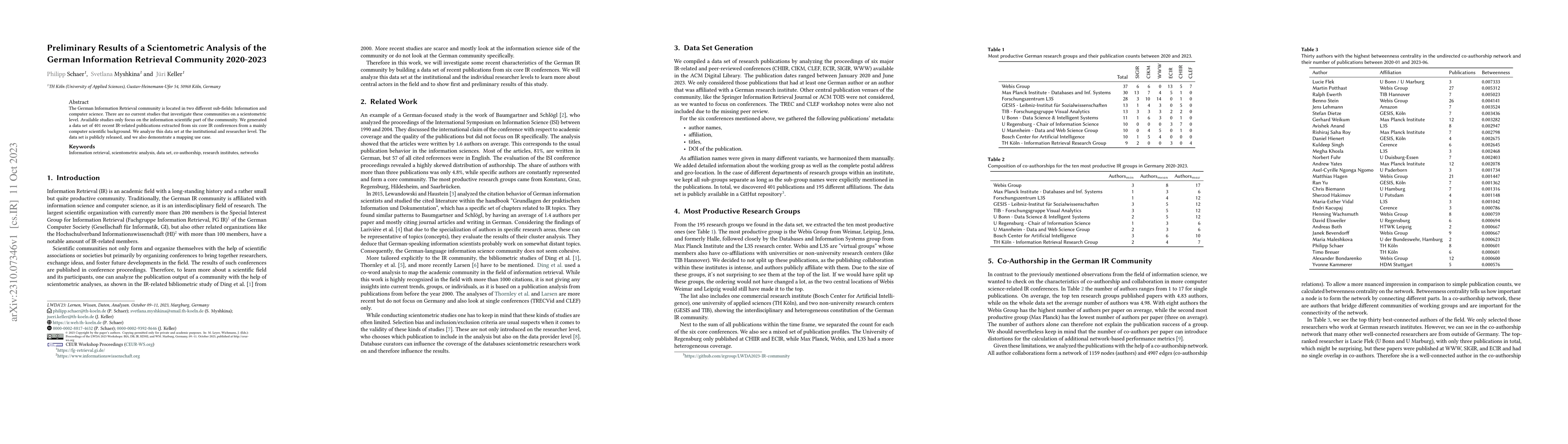 Thumbnail for Preliminary Results of a Scientometric Analysis of the German
  Information Retrieval Community 2020-2023