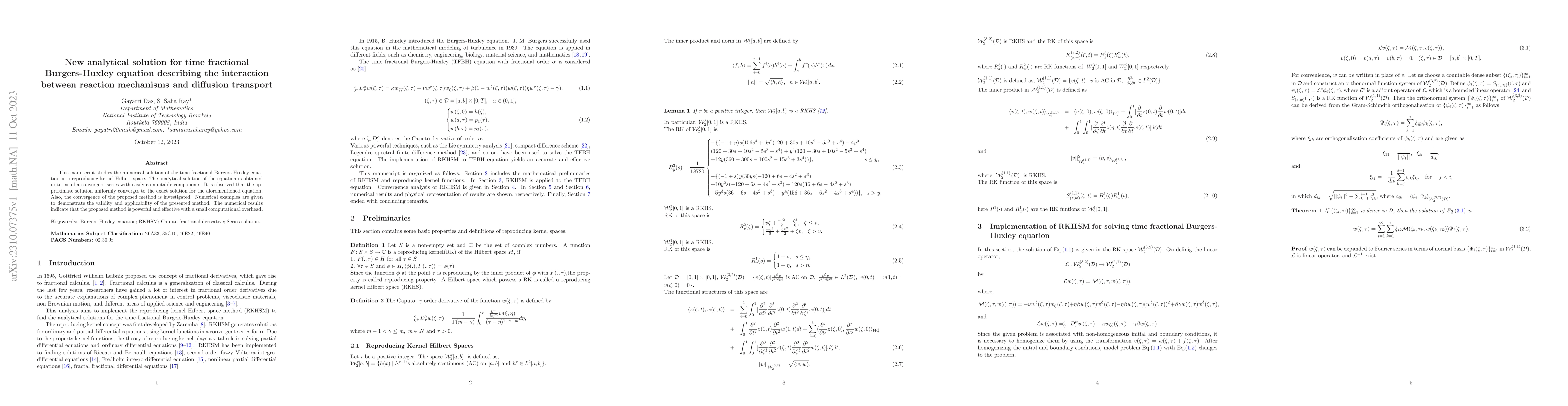 Thumbnail for New analytical solution for time fractional Burgers-Huxley equation
  describing the interaction between reaction mechanisms and diffusion
  transport