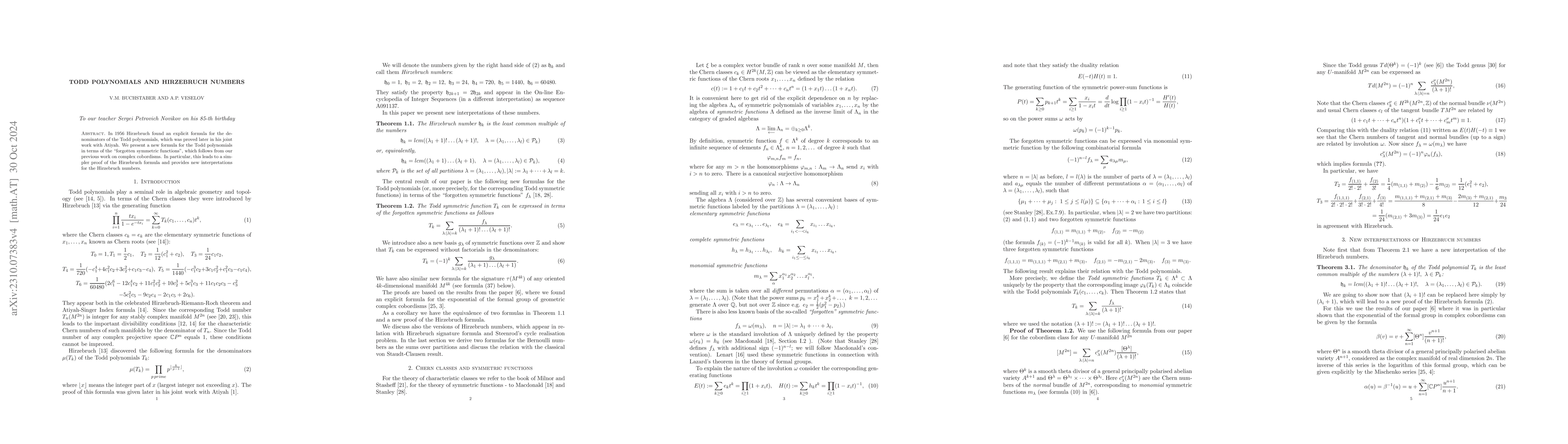 Thumbnail for Todd polynomials and Hirzebruch numbers