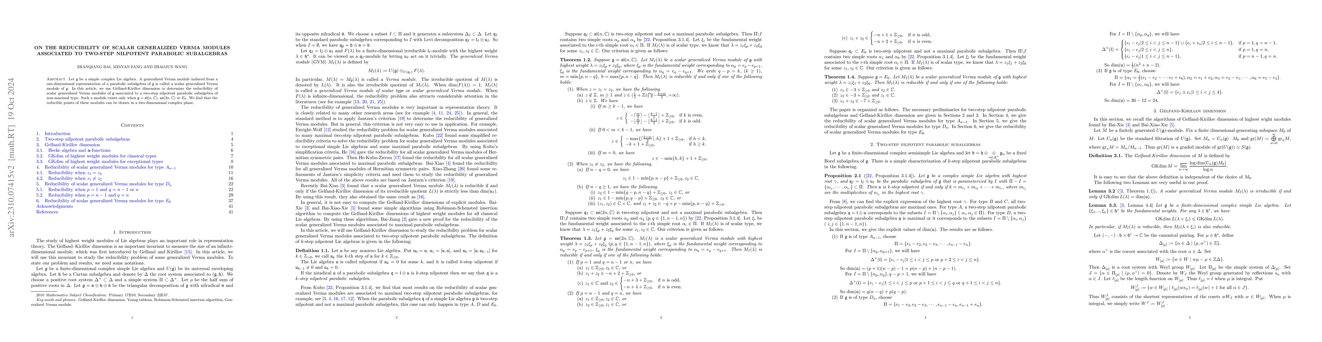 Thumbnail for On the reducibility of scalar generalized Verma modules associated to
  two-step nilpotent parabolic subalgebras