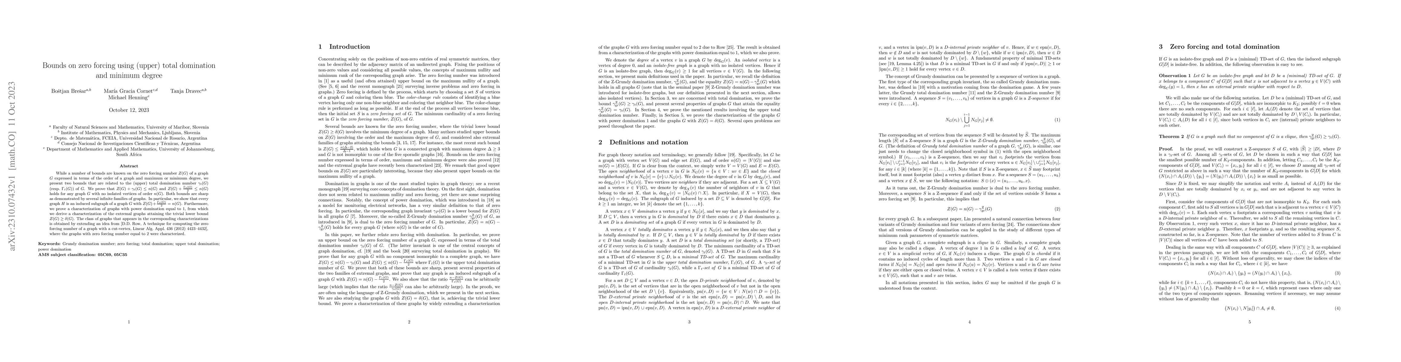 Thumbnail for Bounds on zero forcing using (upper) total domination and minimum degree