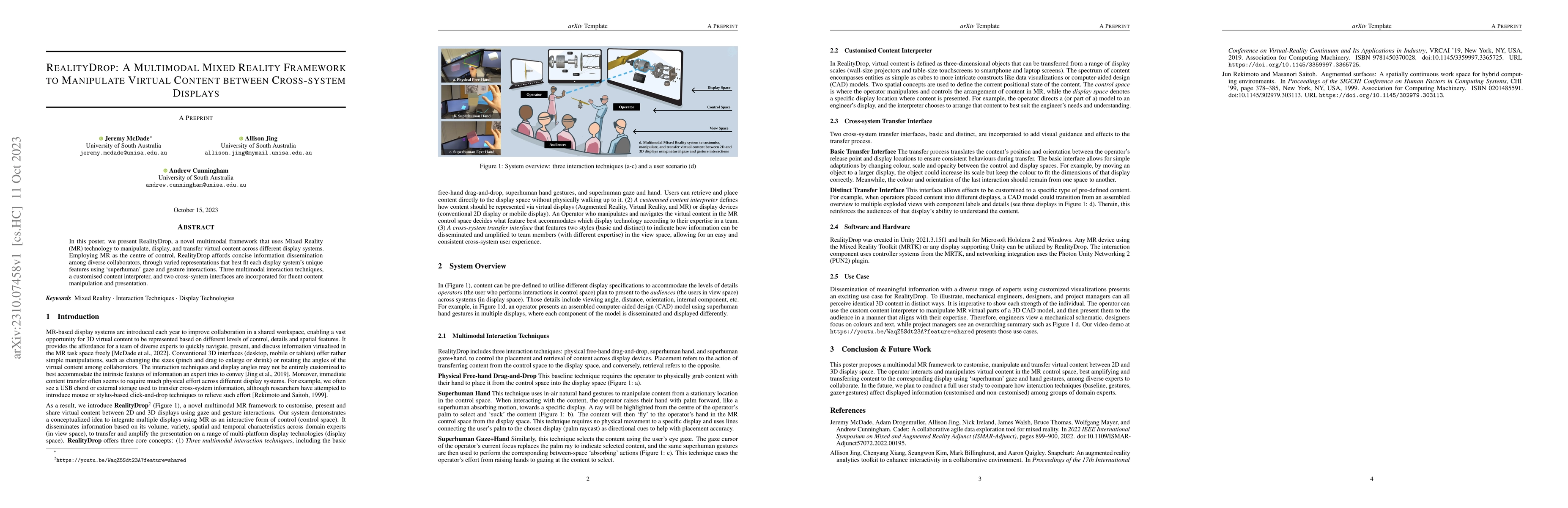 Thumbnail for RealityDrop: A Multimodal Mixed Reality Framework to Manipulate Virtual
  Content between Cross-system Displays