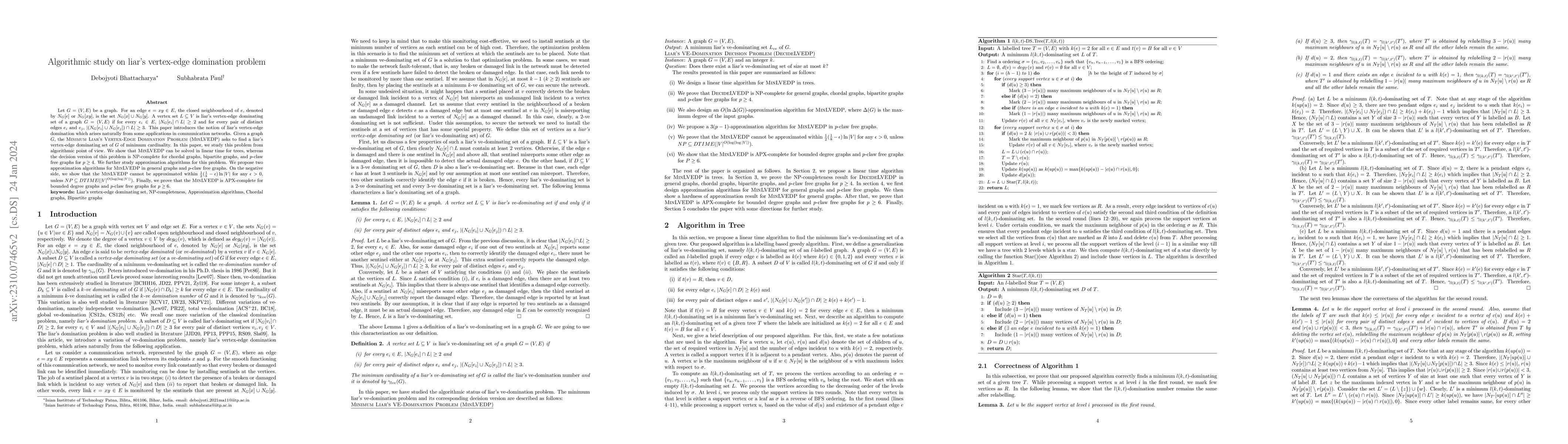 Thumbnail for Algorithmic study on liar's vertex-edge domination problem