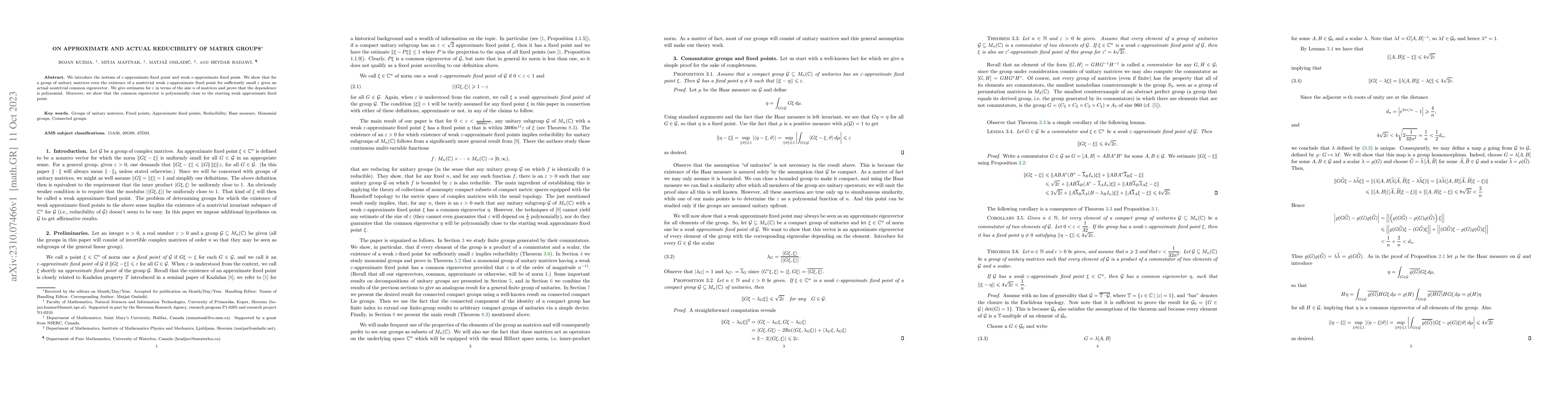 Thumbnail for On approximate and actual reducibility of matrix groups