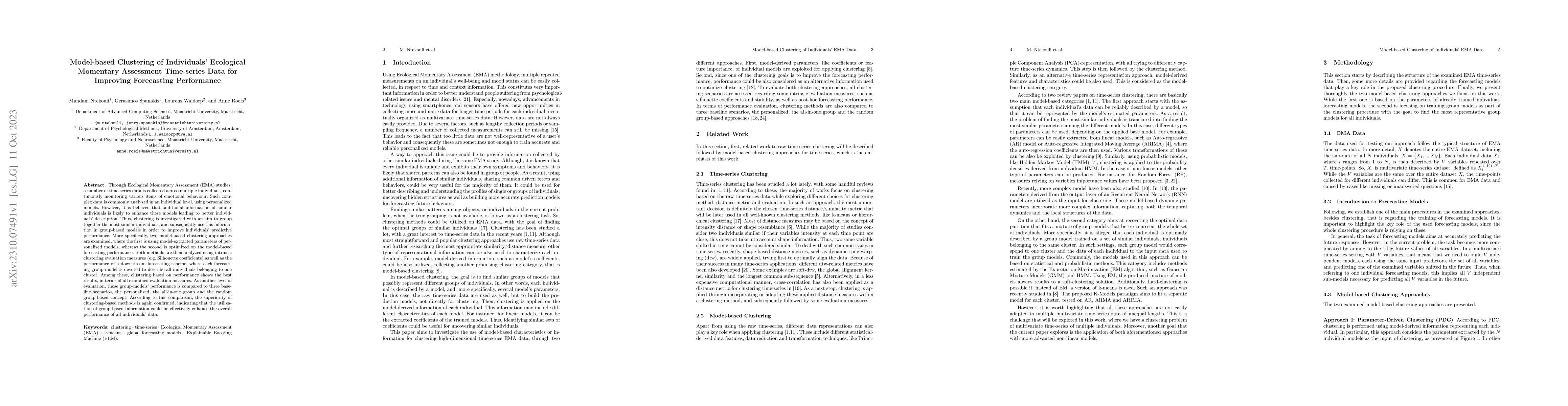 Thumbnail for Model-based Clustering of Individuals' Ecological Momentary Assessment
  Time-series Data for Improving Forecasting Performance