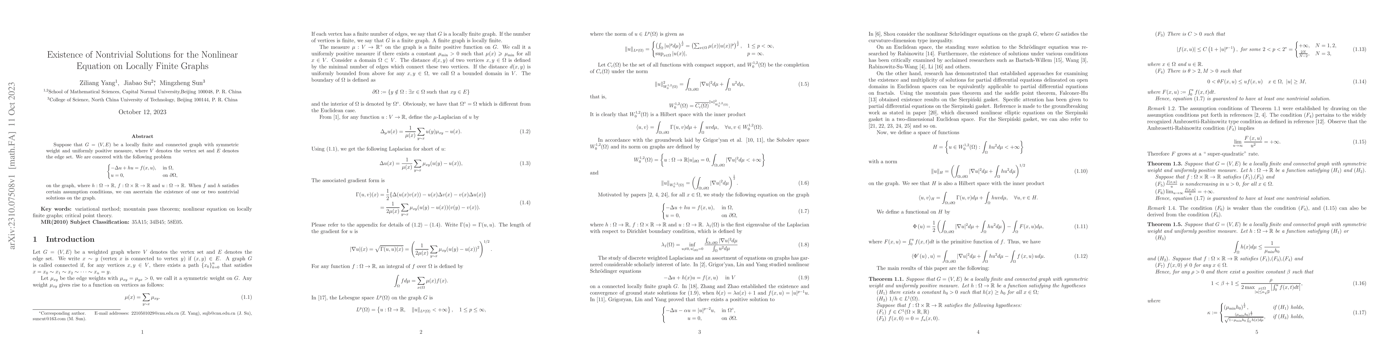 Thumbnail for Existence of Nontrivial Solutions for the Nonlinear Equation on Locally
  Finite Graphs