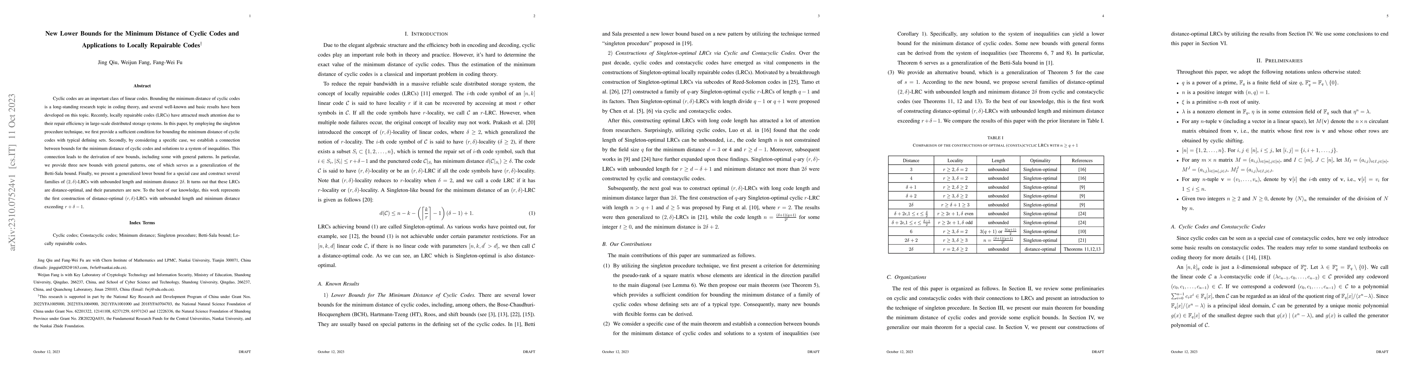Thumbnail for New Lower Bounds for the Minimum Distance of Cyclic Codes and
  Applications to Locally Repairable Codes