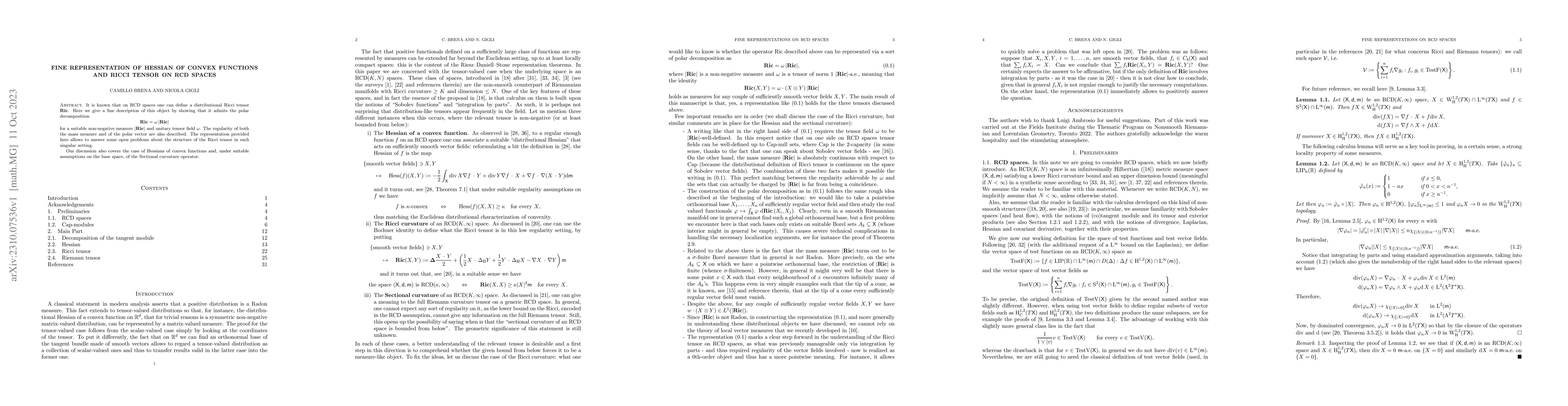 Thumbnail for Fine representation of Hessian of convex functions and Ricci tensor on
  RCD spaces