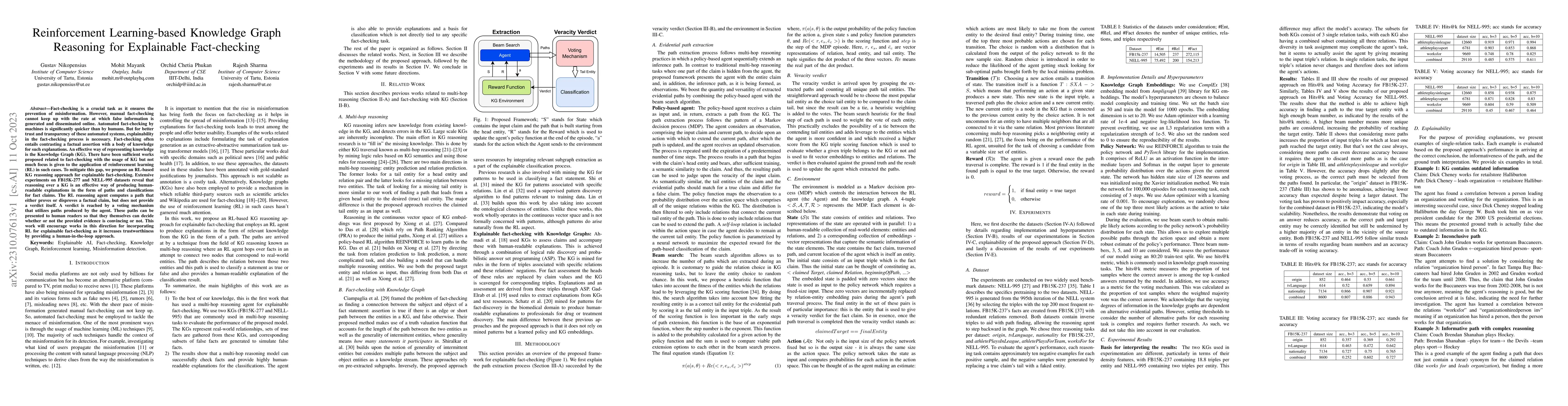 Thumbnail for Reinforcement Learning-based Knowledge Graph Reasoning for Explainable
  Fact-checking