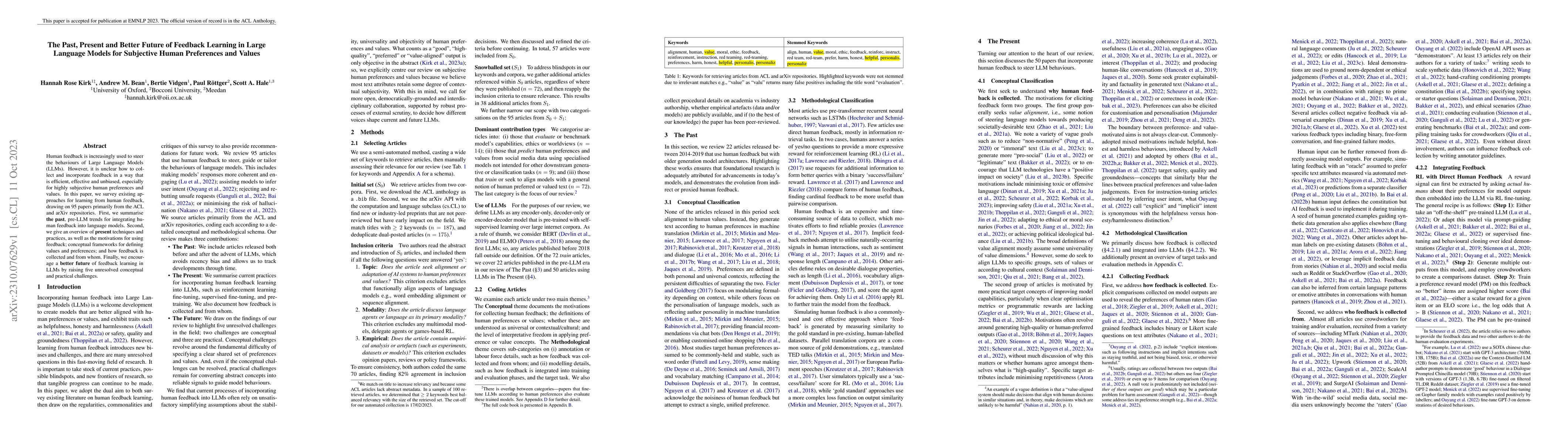 Thumbnail for The Past, Present and Better Future of Feedback Learning in Large
  Language Models for Subjective Human Preferences and Values