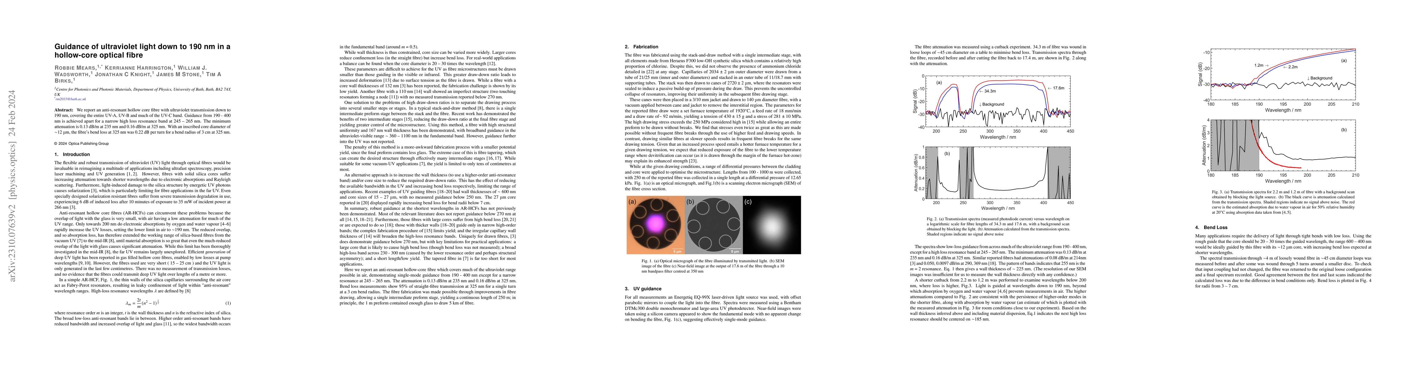 Thumbnail for Guidance of ultraviolet light down to 190 nm in a hollow-core optical
  fibre