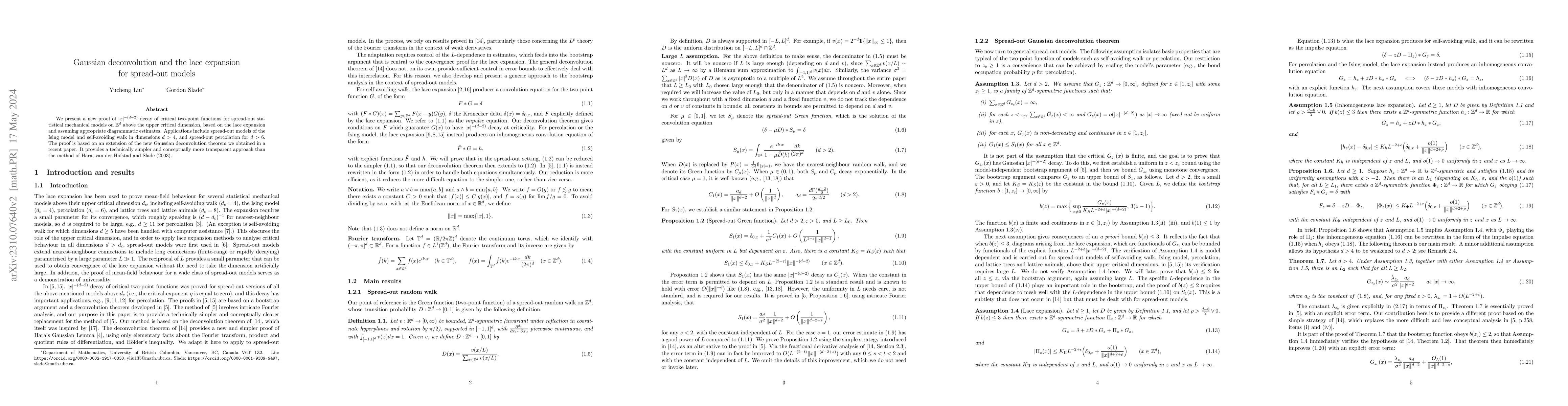 Thumbnail for Gaussian deconvolution and the lace expansion for spread-out models