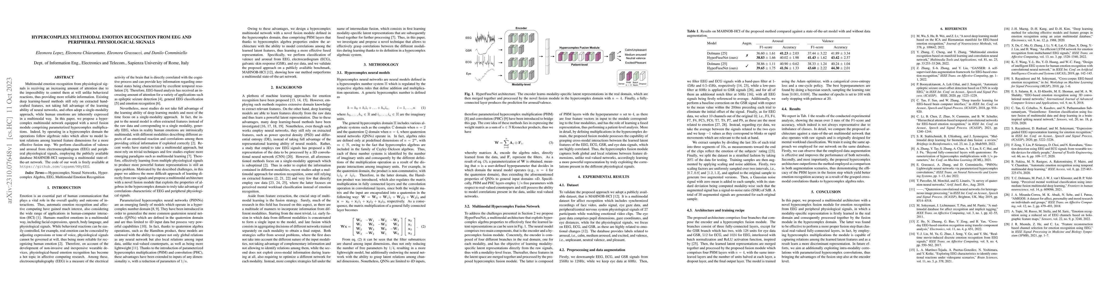 Thumbnail for Hypercomplex Multimodal Emotion Recognition from EEG and Peripheral
  Physiological Signals