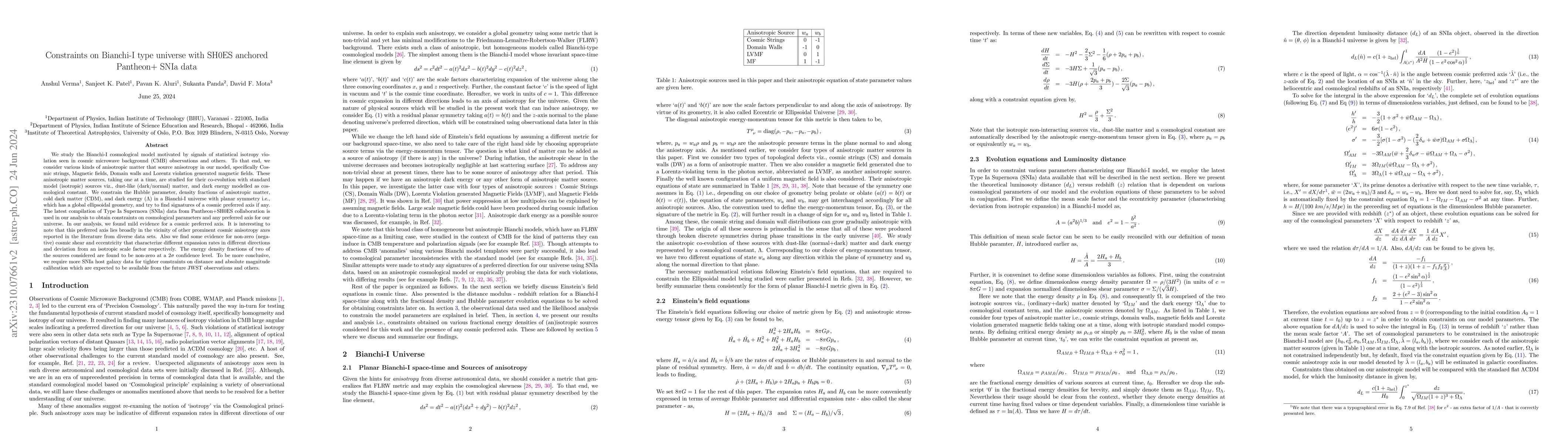 Thumbnail for Constraints on Bianchi-I type universe with SH0ES anchored Pantheon+
  SNIa data