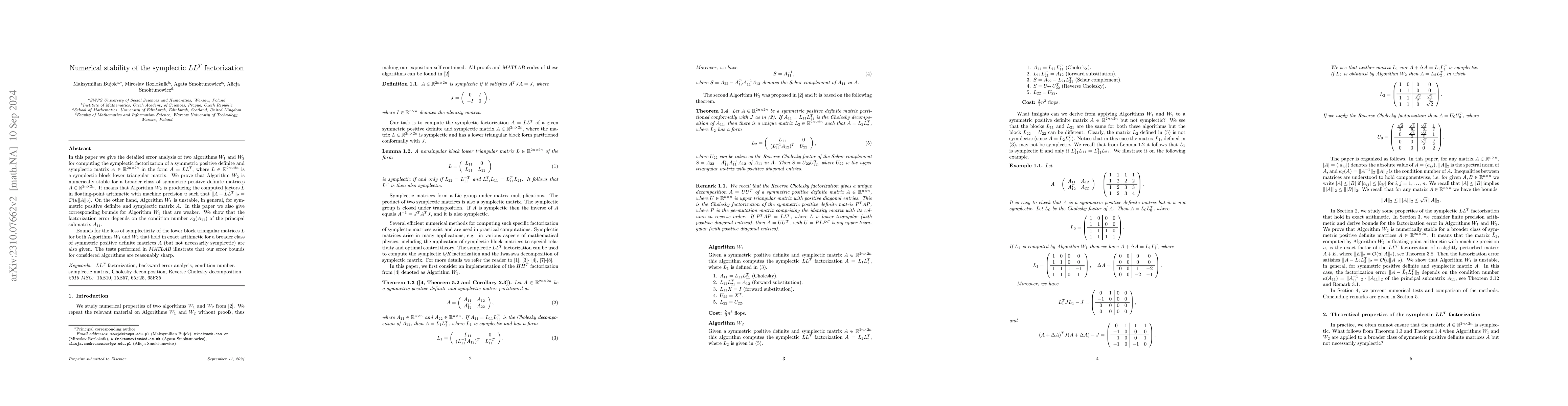 Thumbnail for Numerical stability of the symplectic $LL^T$ factorization