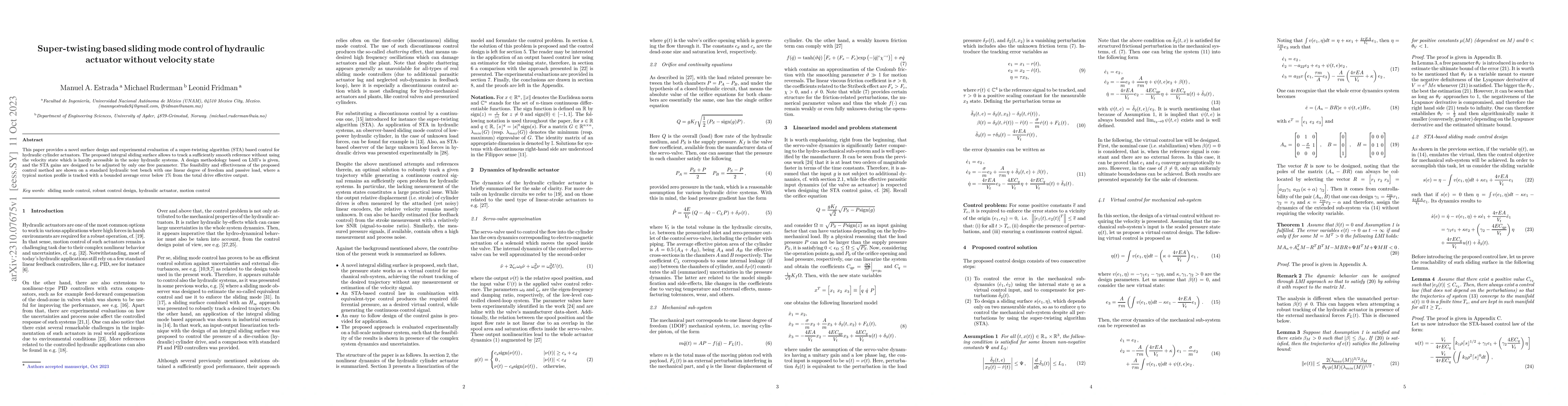 Thumbnail for Super-twisting based sliding mode control of hydraulic actuator without
  velocity state