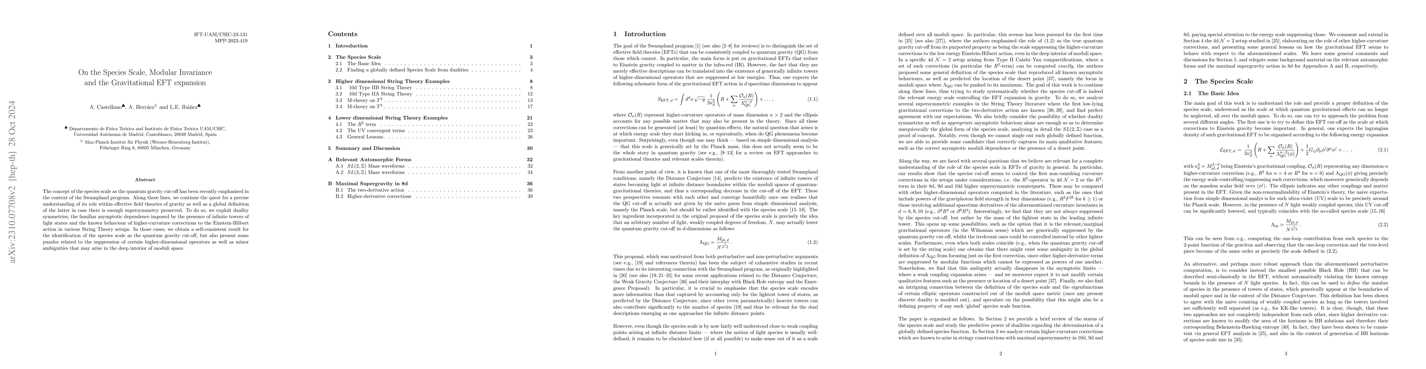 Thumbnail for On the Species Scale, Modular Invariance and the Gravitational EFT
  expansion
