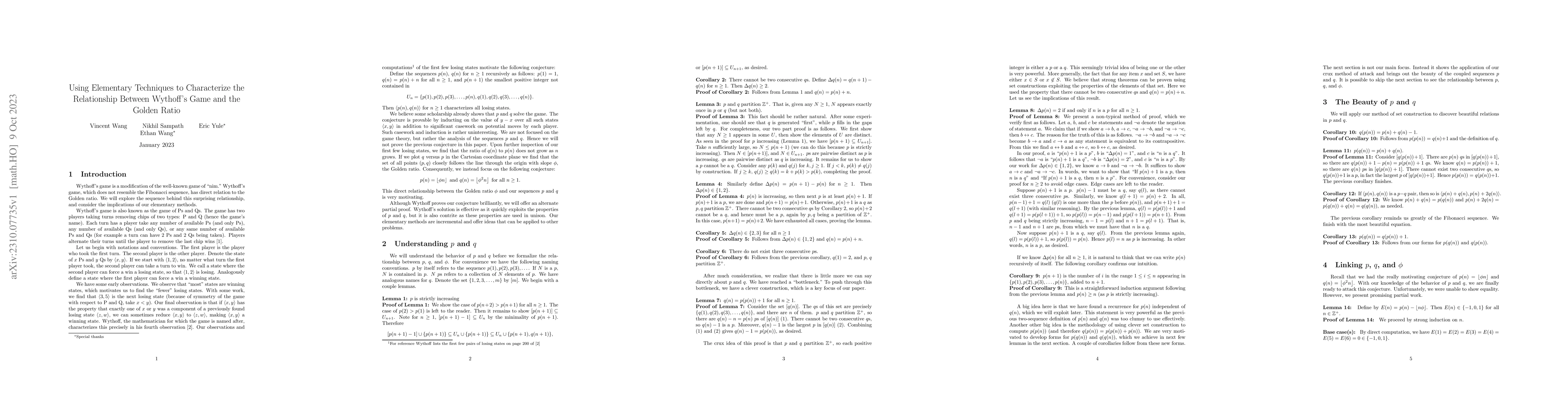 Thumbnail for Using Elementary Techniques to Characterize the Relationship Between
  Wythoff's Game and the Golden Ratio