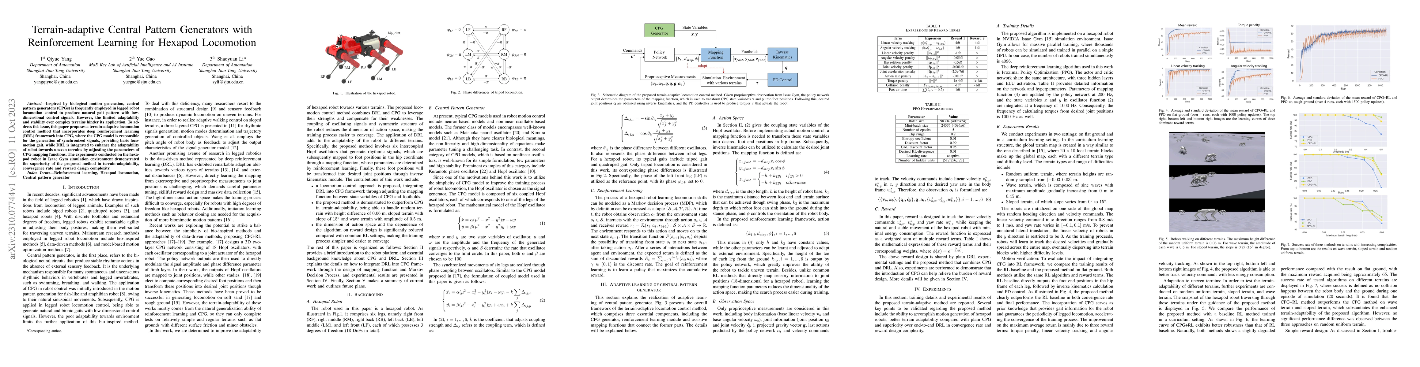 Thumbnail for Terrain-adaptive Central Pattern Generators with Reinforcement Learning
  for Hexapod Locomotion