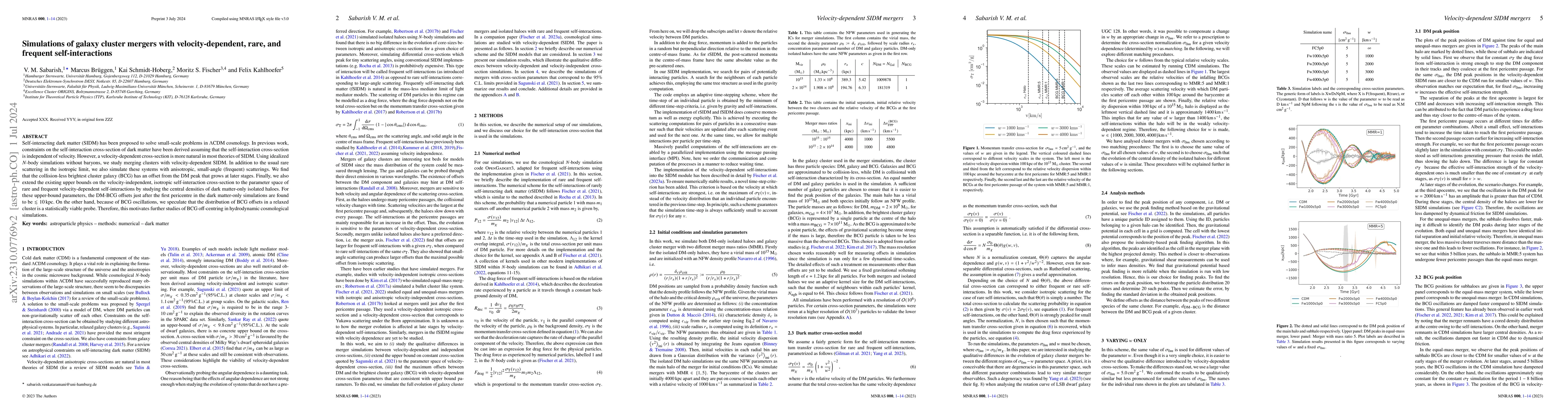 Thumbnail for Simulations of galaxy cluster mergers with velocity-dependent, rare and
  frequent self-interactions