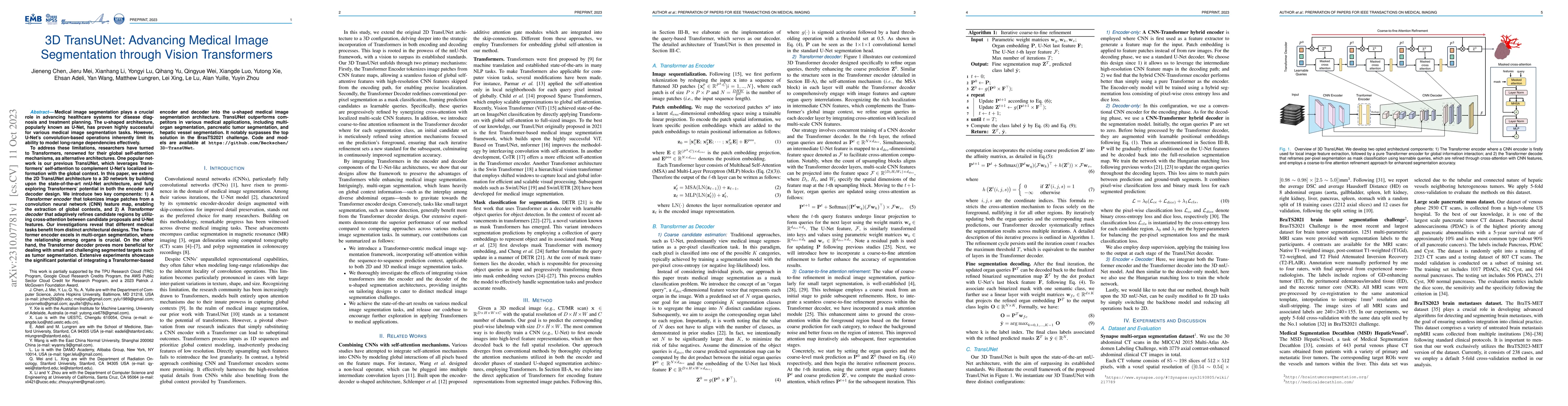 Thumbnail for 3D TransUNet: Advancing Medical Image Segmentation through Vision
  Transformers