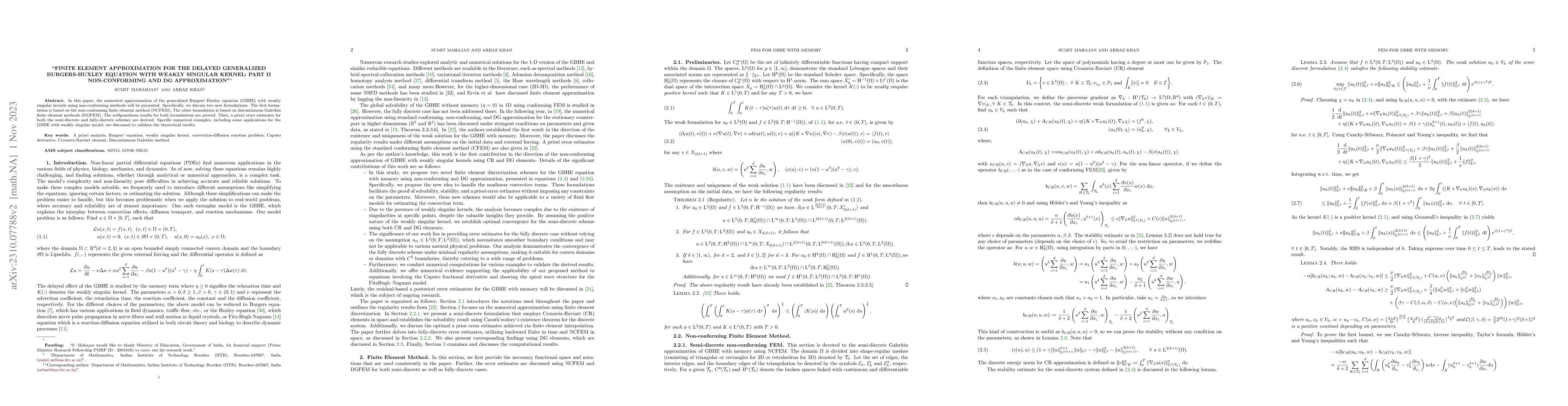 Thumbnail for Finite element approximation for the delayed generalized Burgers-Huxley
  equation with weakly singular kernel: Part II Non-Conforming and DG
  approximation