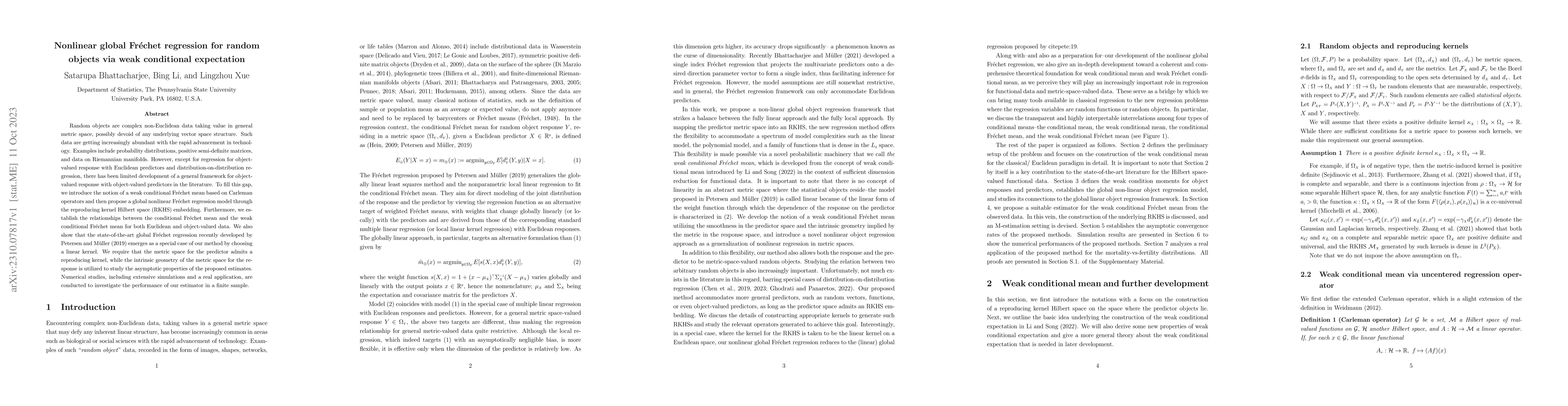 Thumbnail for Nonlinear global Fr\'echet regression for random objects via weak
  conditional expectation