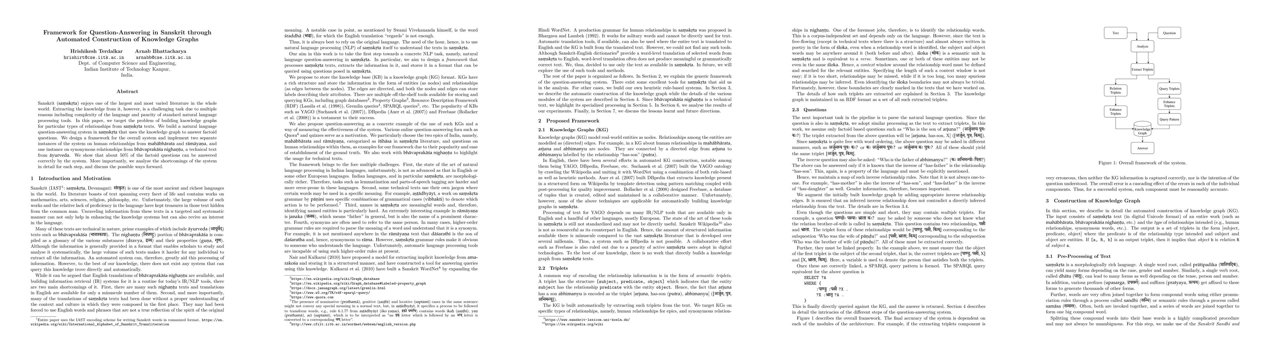 Thumbnail for Framework for Question-Answering in Sanskrit through Automated
  Construction of Knowledge Graphs