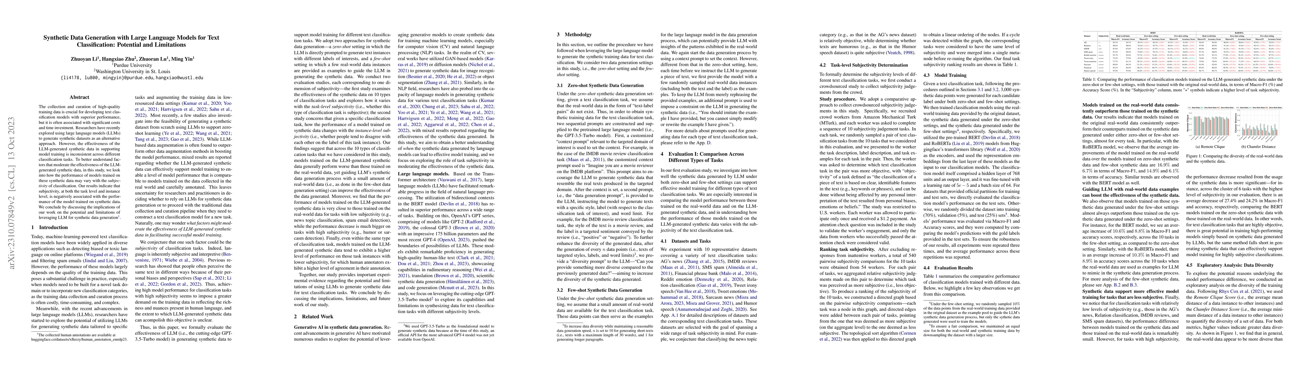 Thumbnail for Synthetic Data Generation with Large Language Models for Text
  Classification: Potential and Limitations